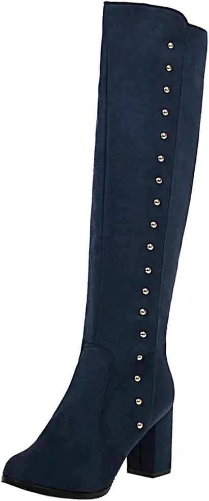 KOKOMOMO Womens Faux Suede Chunky Heel Zip Up Knee High Heeled Boots