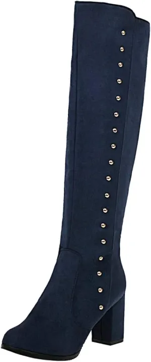 KOKOMOMO Womens Faux Suede Chunky Heel Zip Up Knee High Heeled Boots