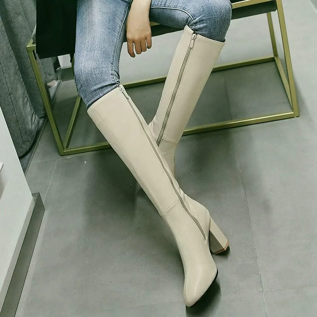 KOKOMOMO Womens Square Toe Heeled Zip Up Knee High Chunky Heel Boots