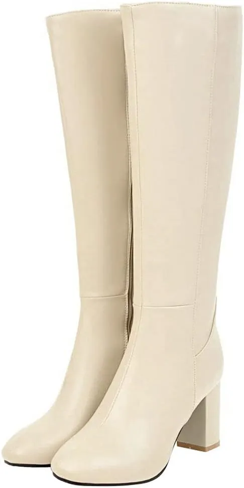 KOKOMOMO Womens Square Toe Heeled Zip Up Knee High Chunky Heel Boots