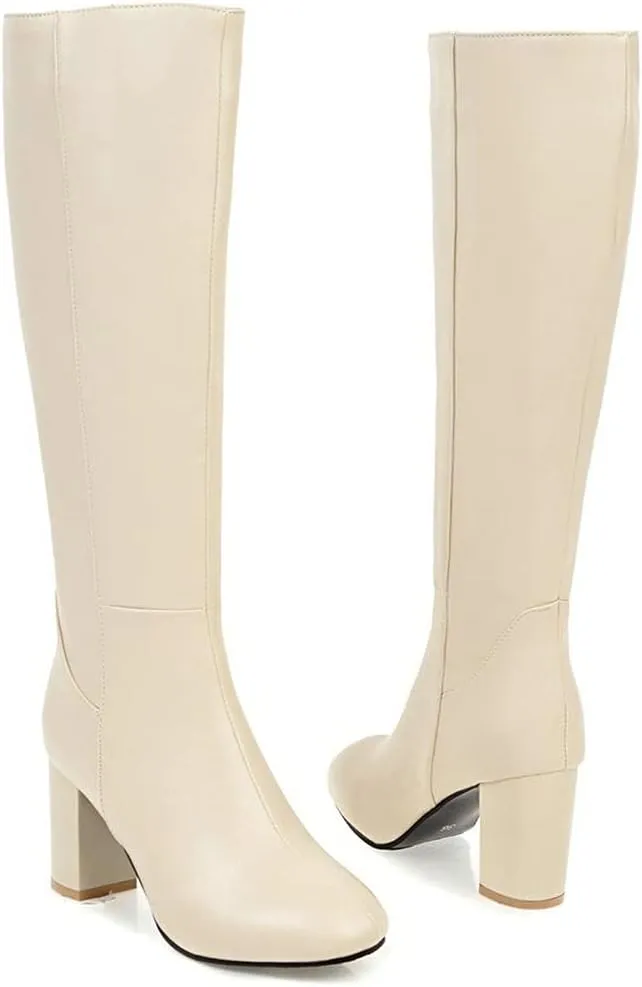 KOKOMOMO Womens Square Toe Heeled Zip Up Knee High Chunky Heel Boots