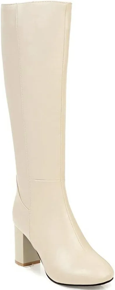 KOKOMOMO Womens Square Toe Heeled Zip Up Knee High Chunky Heel Boots