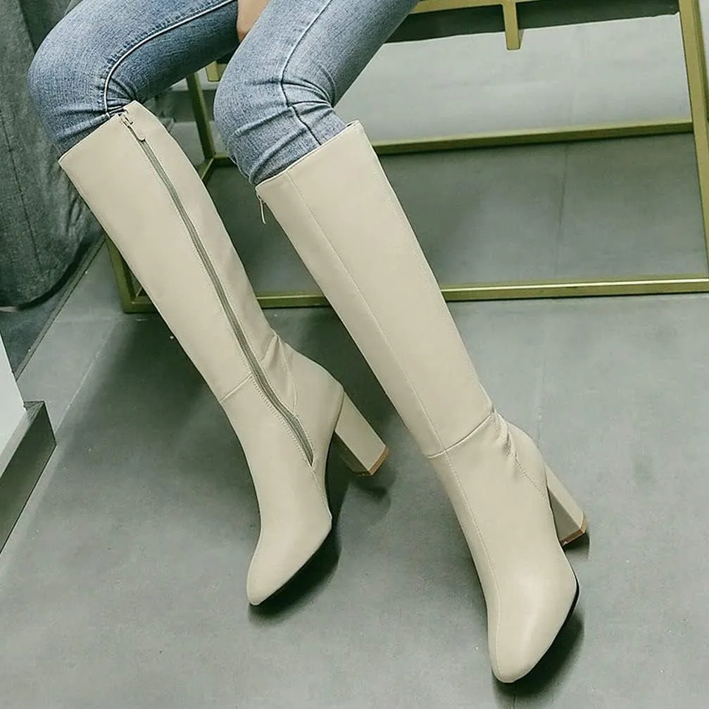 KOKOMOMO Womens Square Toe Heeled Zip Up Knee High Chunky Heel Boots