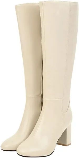 KOKOMOMO Womens Square Toe Heeled Zip Up Knee High Chunky Heel Boots