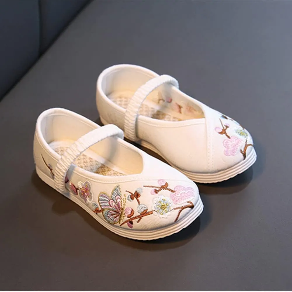 Little Girl Mary Jane Dance Shoe Ballet Sport Shoes Beijing Cloth Shoe Chinese Traditional Floral Butterfly Embroidery Shoe Princess Dress Flats Shoes