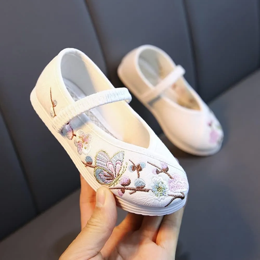 Little Girl Mary Jane Dance Shoe Ballet Sport Shoes Beijing Cloth Shoe Chinese Traditional Floral Butterfly Embroidery Shoe Princess Dress Flats Shoes