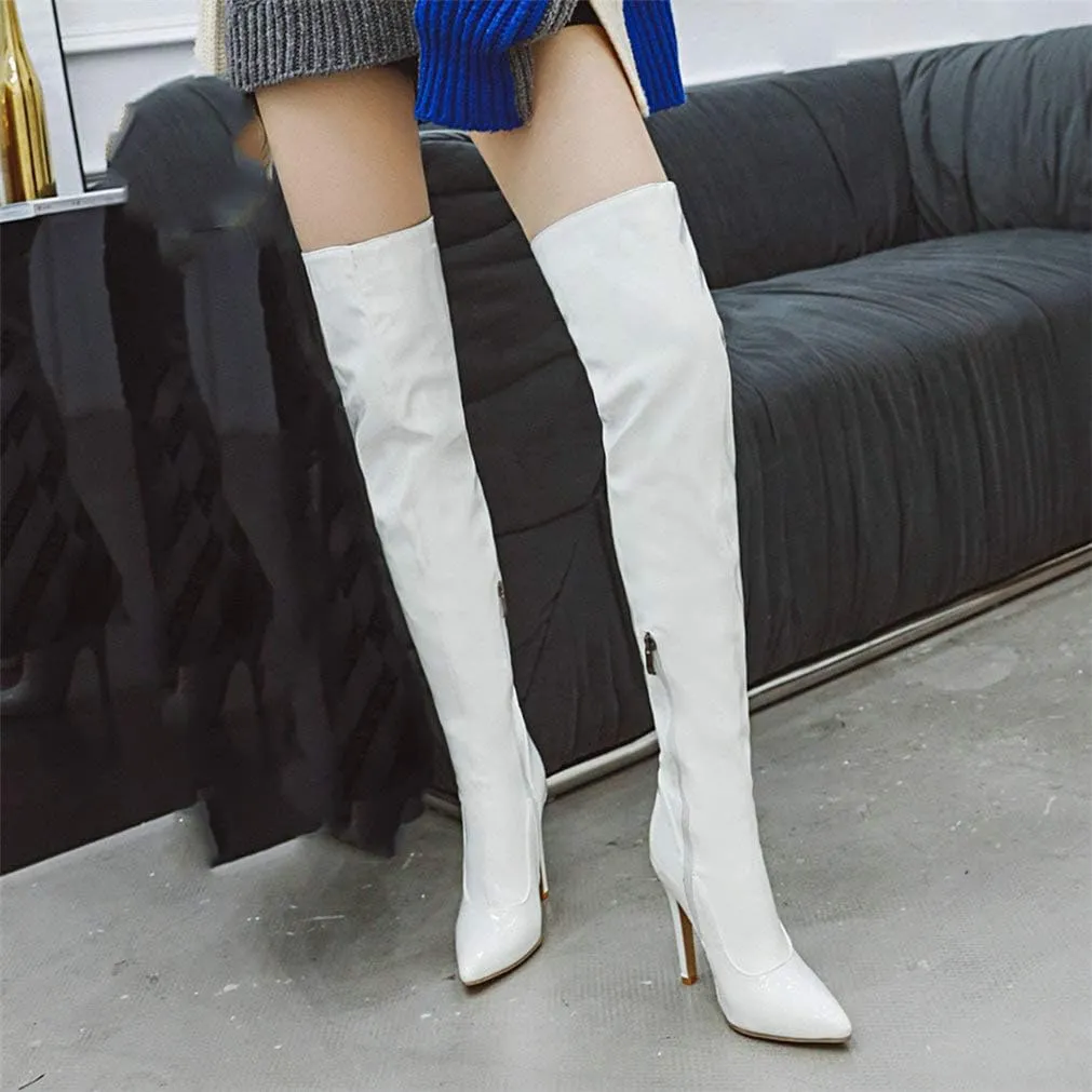 LUXMAX Women Patent Leather Thigh High Boots Stiletto High Heel Pointed Toe Stretch Over The Knee Boots