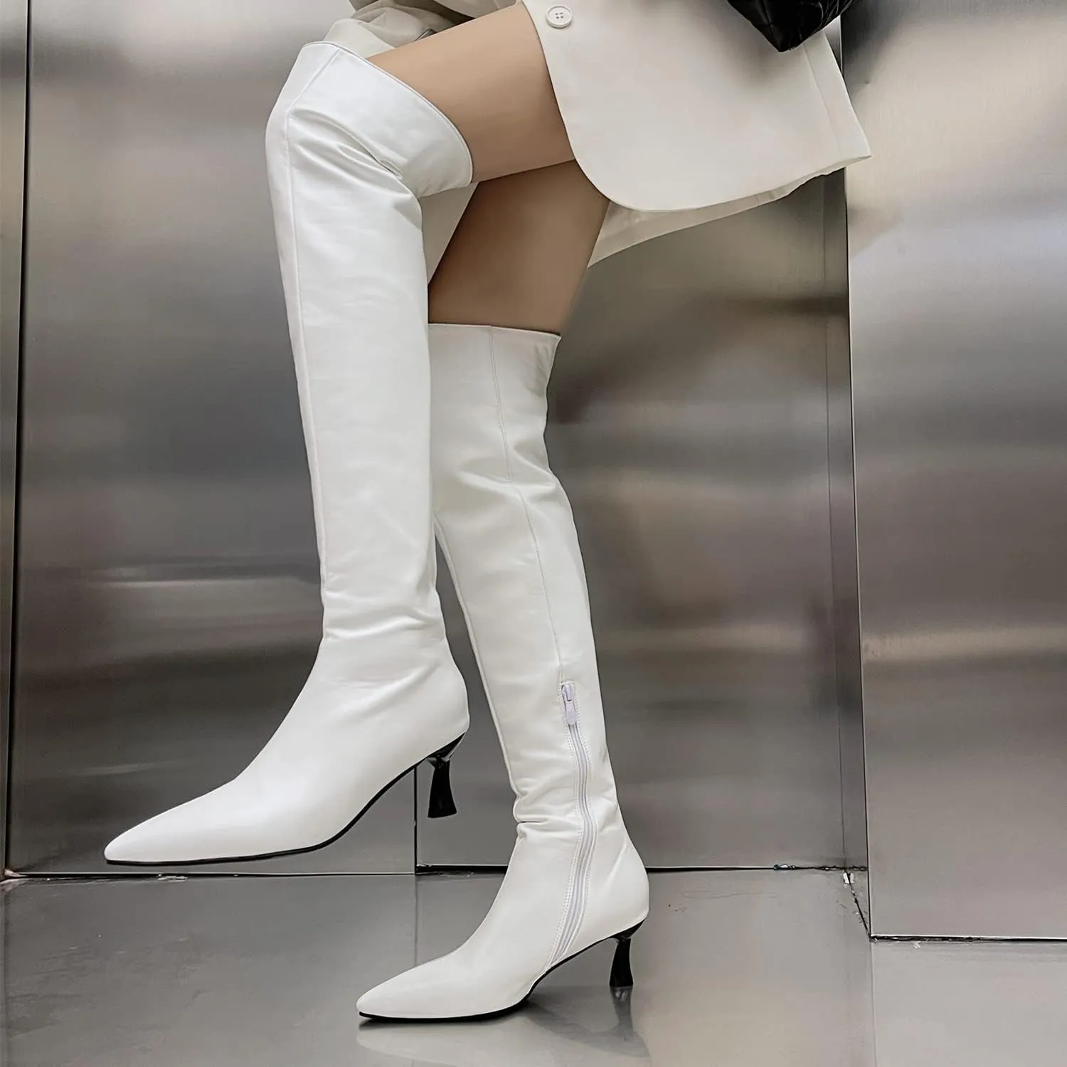 LYYSKY Womens Fashion 7CM High Heels Side Zipper Pointed Toe Over The Knee Boots Concise Knee High Booties