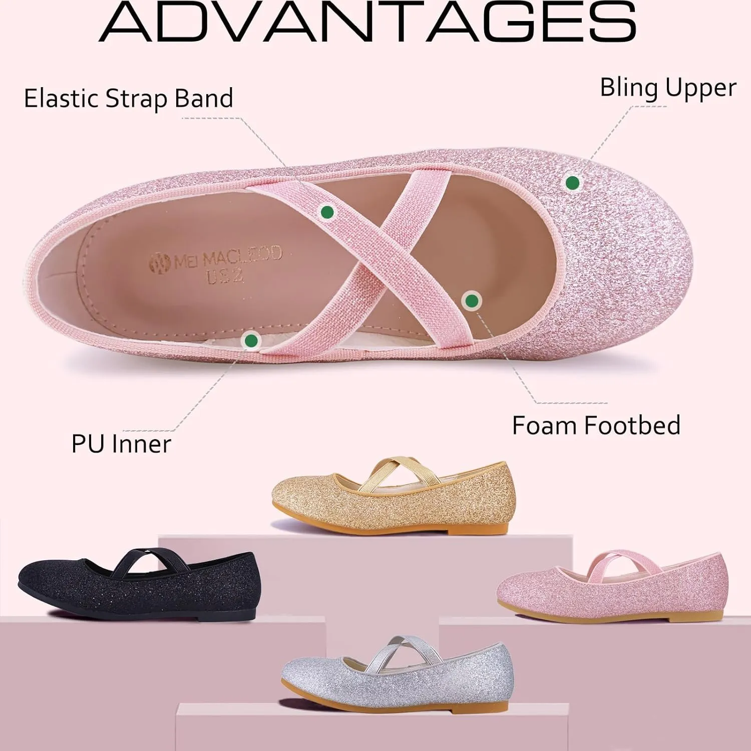 Mei MACLEOD Girl's Mary Jane Shoes Ballerina Shoes, Princess Dress Shoes for Party Wedding