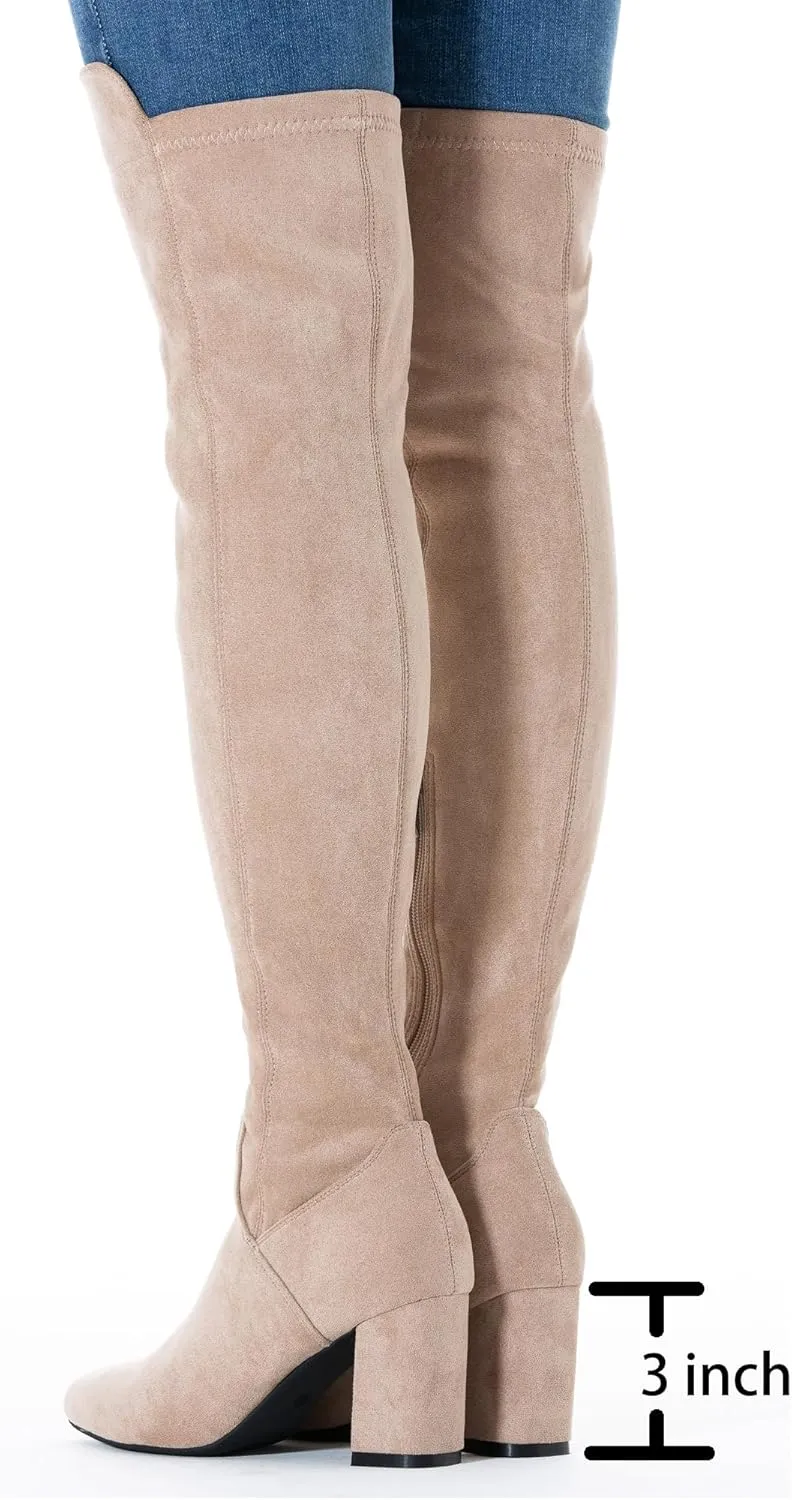 N.N.G Women Over the Knee Boots Thigh High Suede Black Block Low 2 Inch Heel Chunky Above Knee Winter Pointed toe
