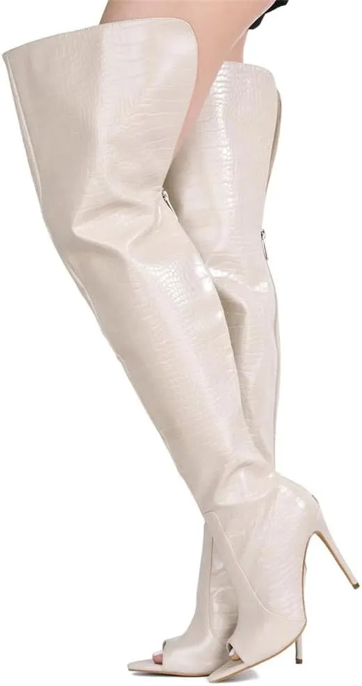 Onlymaker Over The Knee Boots for Women Wide Calf Pointed Toe Stiletto Heel Thigh High Boots Peep Toe