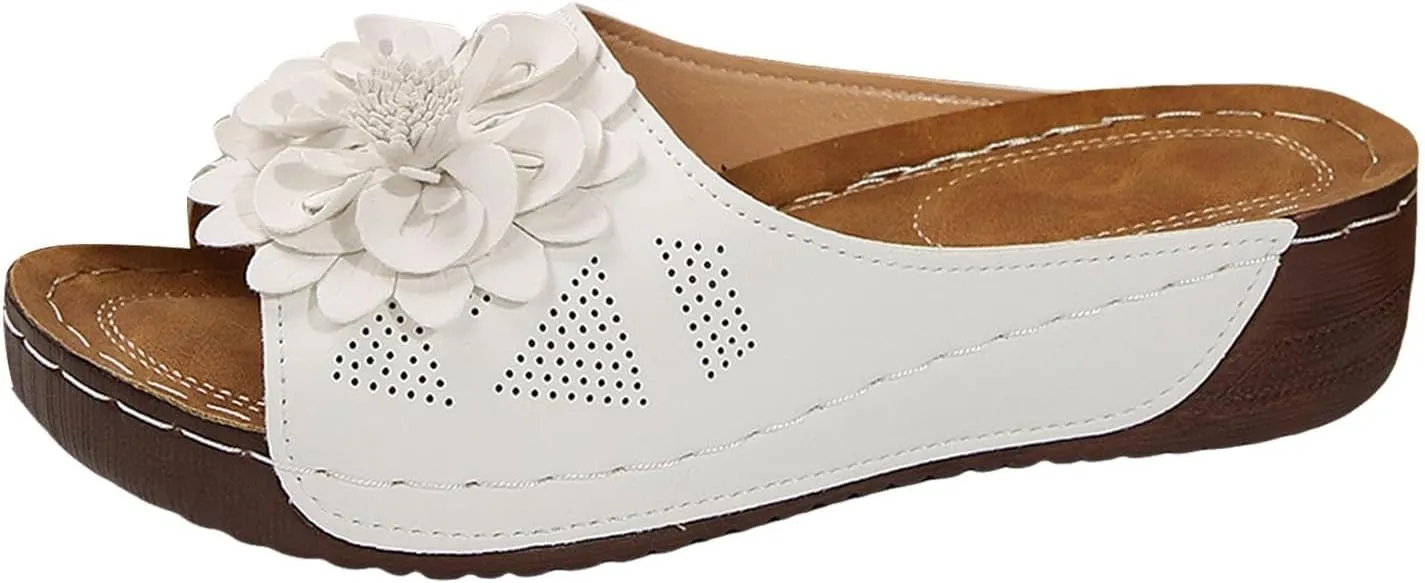 Orthopedic Sandals for Women 2025 Chic Flowers Arch Support Fish Mouth Open Toe Leather Slippers Wedge Platform Sandal