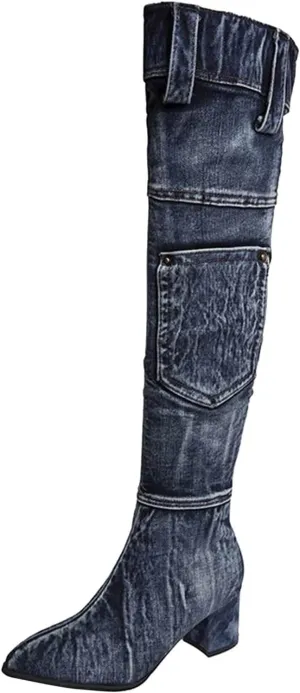 Over The Knee Boots for Women Knee High Boots Women Women's Fashion Creative Cowboy Cloth Pointed Toe Boots