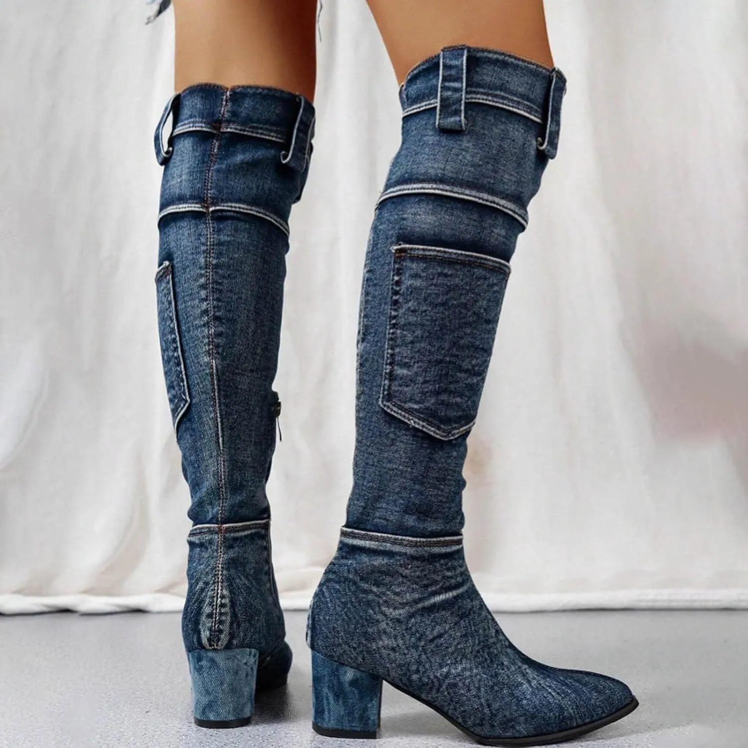 Over The Knee Boots for Women Knee High Boots Women Women's Fashion Creative Cowboy Cloth Pointed Toe Boots