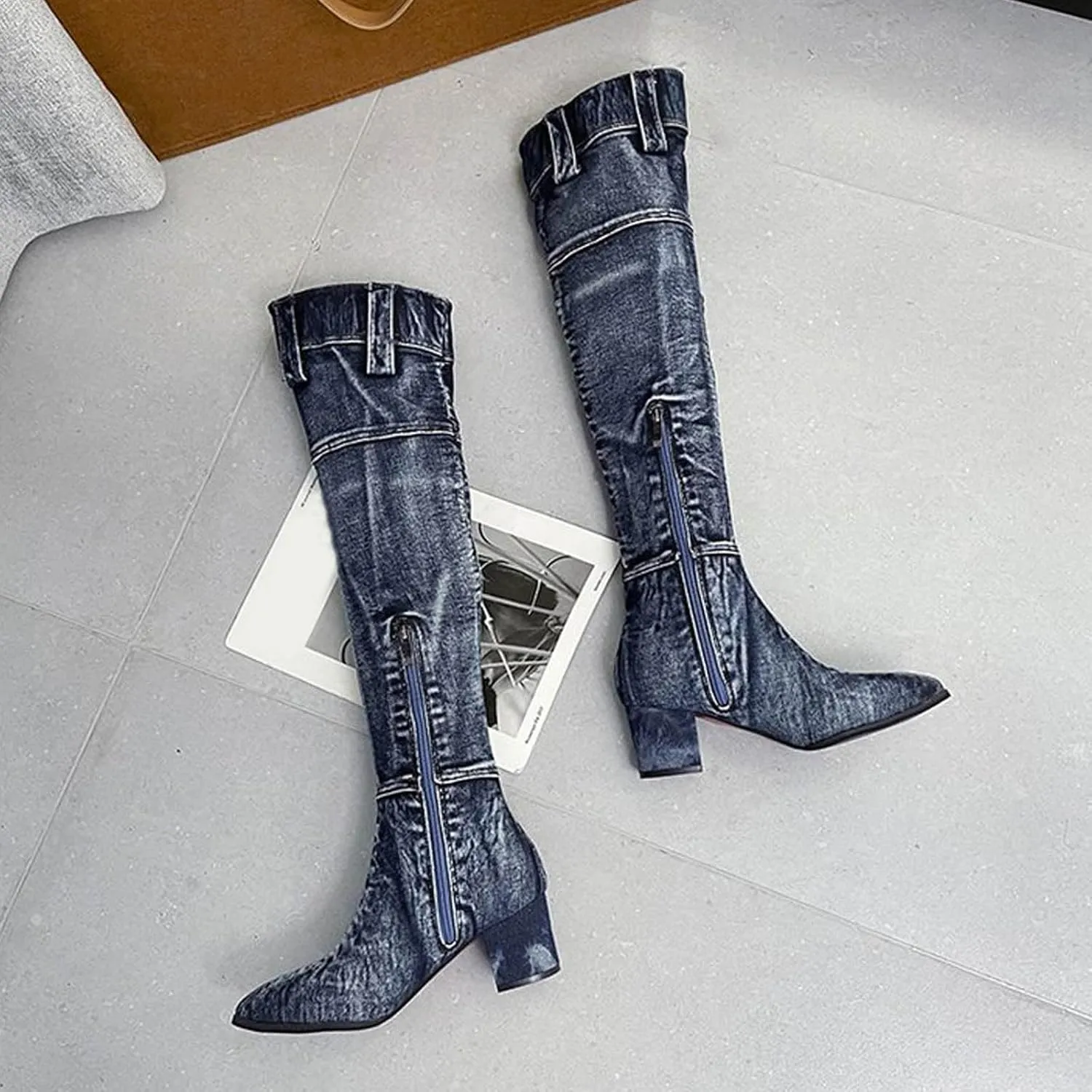 Over The Knee Boots for Women Knee High Boots Women Women's Fashion Creative Cowboy Cloth Pointed Toe Boots