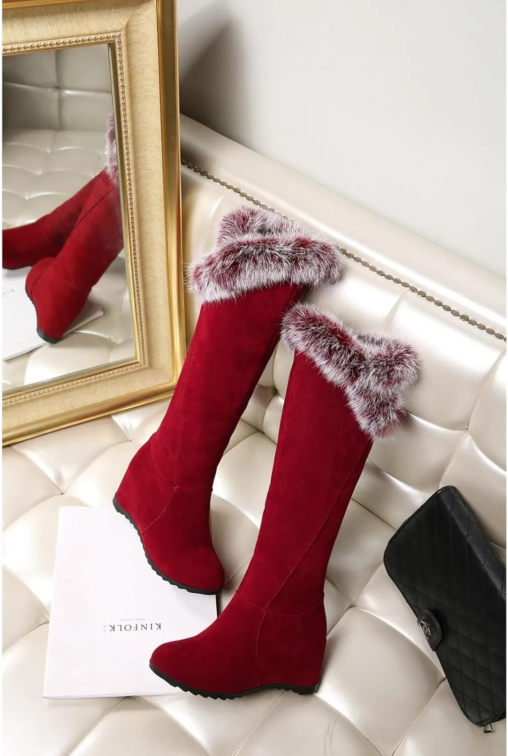 Over The Knee High Thigh Snow Boots for Women, Stretch Thick Rabbit Fur Collar Warm Leather Waterproof Slip-on Hidden Women Tall Furry Mid Calf Winter Wedge Boot