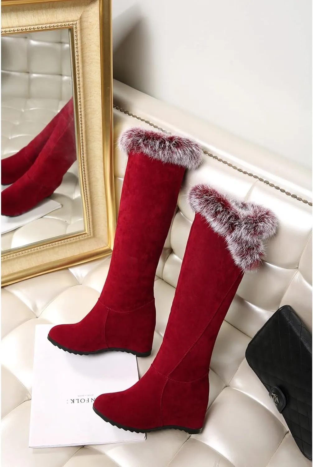 Over The Knee High Thigh Snow Boots for Women, Stretch Thick Rabbit Fur Collar Warm Leather Waterproof Slip-on Hidden Women Tall Furry Mid Calf Winter Wedge Boot