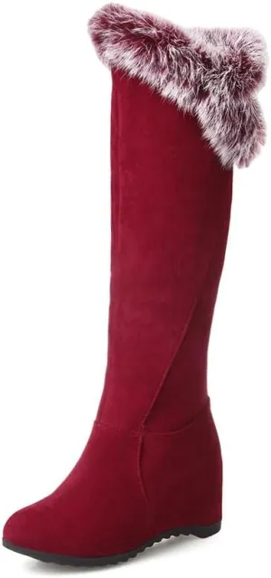 Over The Knee High Thigh Snow Boots for Women, Stretch Thick Rabbit Fur Collar Warm Leather Waterproof Slip-on Hidden Women Tall Furry Mid Calf Winter Wedge Boot