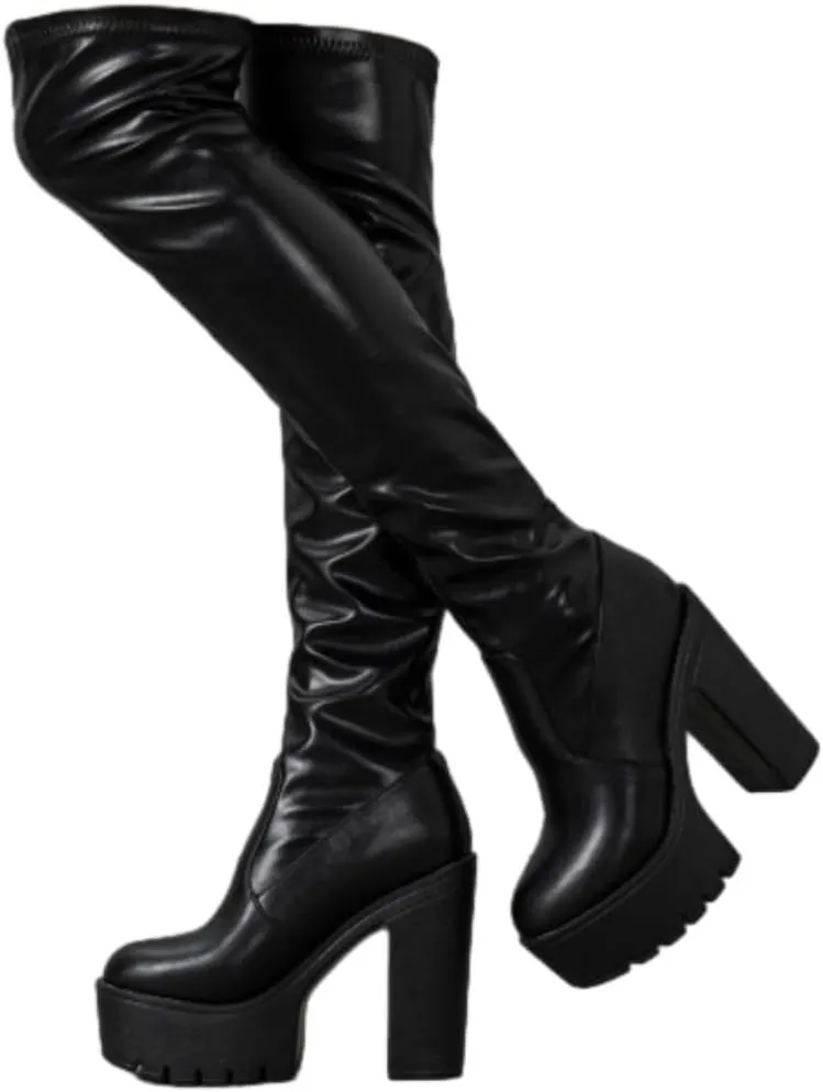 Platform Thigh High Boots for Women Chunky Block Heels Over The Knee Boots Stretch Go-Go Boot Party Boots