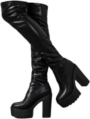 Platform Thigh High Boots for Women Chunky Block Heels Over The Knee Boots Stretch Go-Go Boot Party Boots