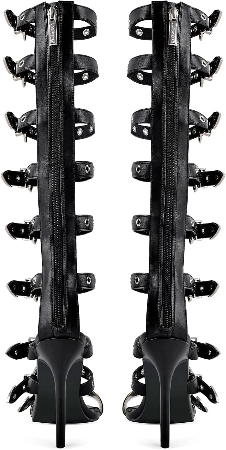 richealnini Back Zip Up Knee High Gladiator Sandals Buckle Belt Straps Wrap Heels for Women