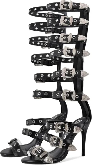 richealnini Back Zip Up Knee High Gladiator Sandals Buckle Belt Straps Wrap Heels for Women
