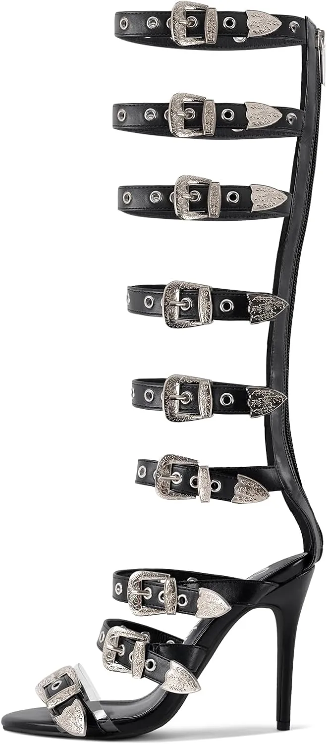 richealnini Back Zip Up Knee High Gladiator Sandals Buckle Belt Straps Wrap Heels for Women