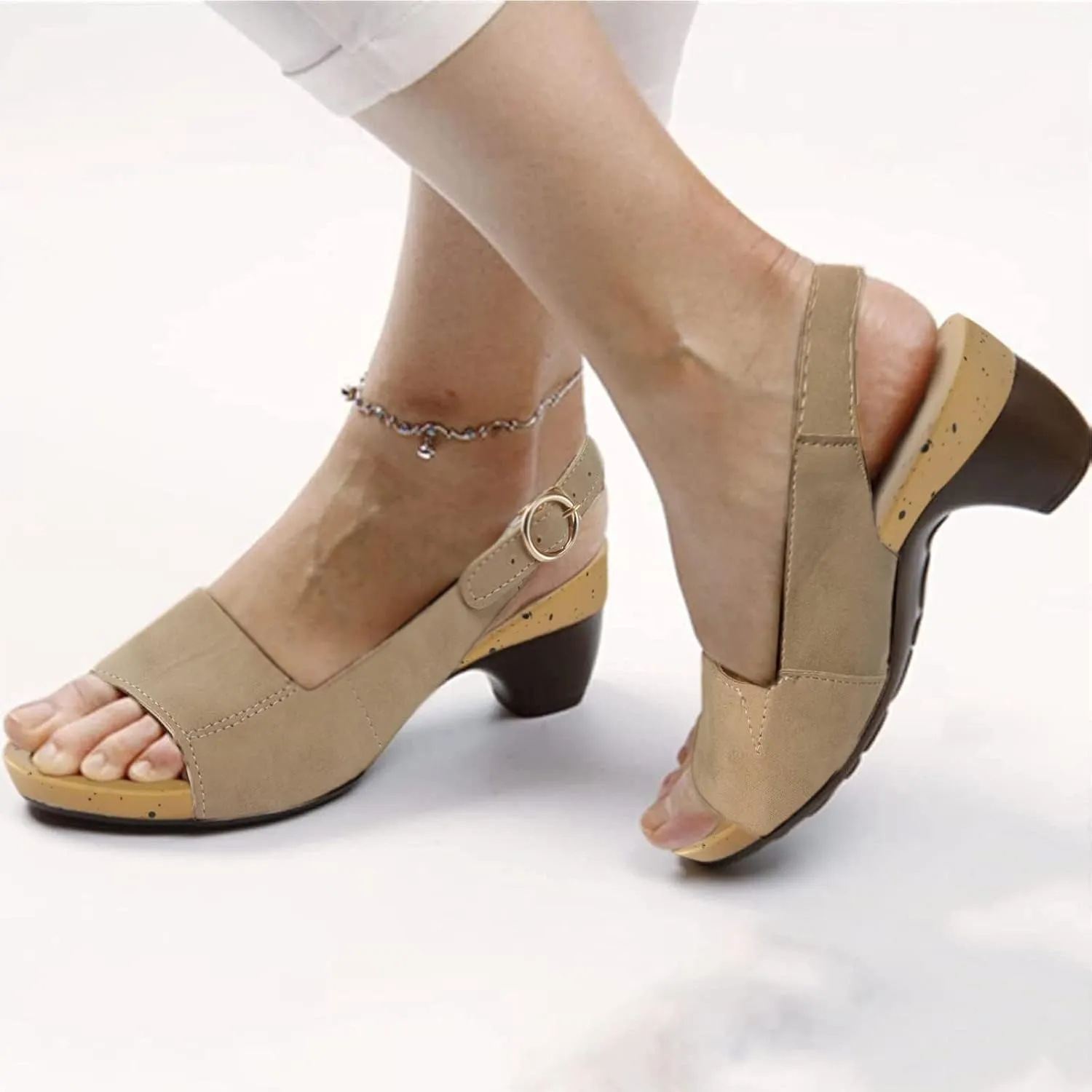 Sandals for Women Elegant Comfortable Open Toe Low Chunky Heel Shoes Women's Dressy Fashion Sandals Flat Slingback Fish Mouth Beach Slip On Wedding Trendy Sandal Dressy Work