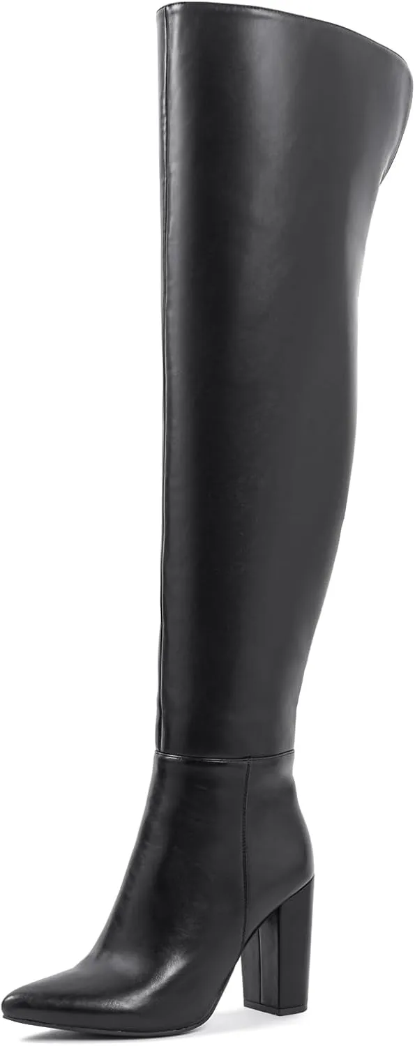 Shoe'N Tale Thigh High Over The Knee Boots for Women Block Chunky Heel Suede Long Pointed Toe Boots
