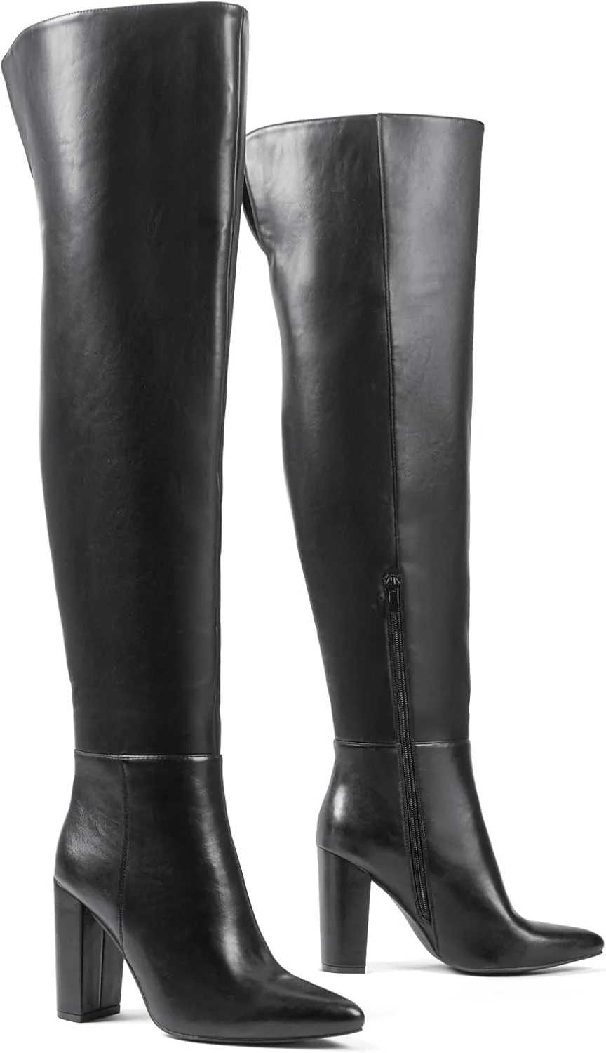 Shoe'N Tale Thigh High Over The Knee Boots for Women Block Chunky Heel Suede Long Pointed Toe Boots