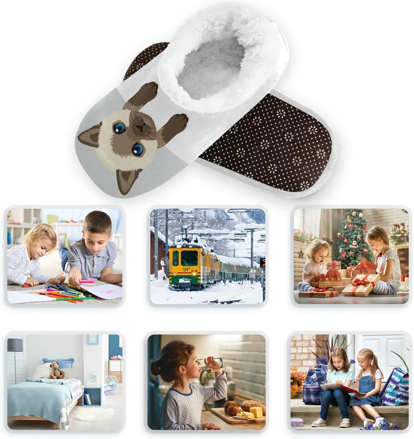 Siamese Kitty Slippers for Kids Cute Cat Home House Fuzzy Slipper Indoor Soft Plush Fleece Non Slip Casual Shoes for Boys Girls, XS
