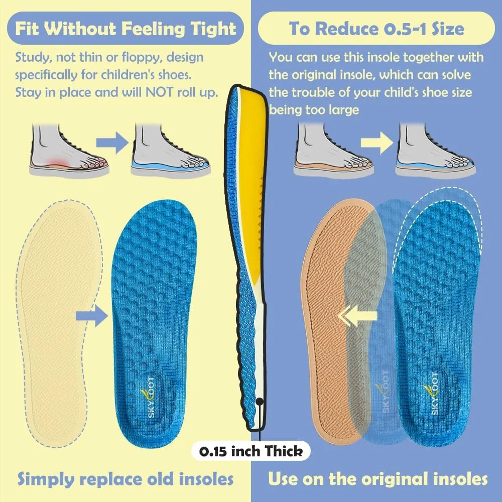 Skyfoot Kids Shoe Inserts, 2 Pairs Breathability Soft Cushioning Children's Sports Athletic Replacement Insoles for Childs' Worn Insert, Sweaty Feet, Shoes' Comfort Fit (Blue, Toddler: 9-12.5)