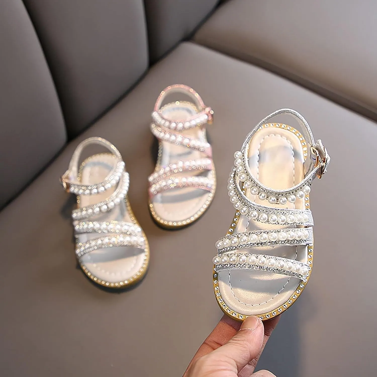 Summer Girls' Sandals Korean Edition Little Girls' Pearl Open Toe Princess Shoes Little Medium And Big Warm Beach