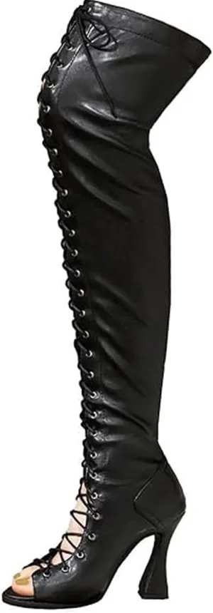 SWDZM Women's Over-The-Knee Boots Peep Toe Lace up Thigh High Boots with Back Zipper