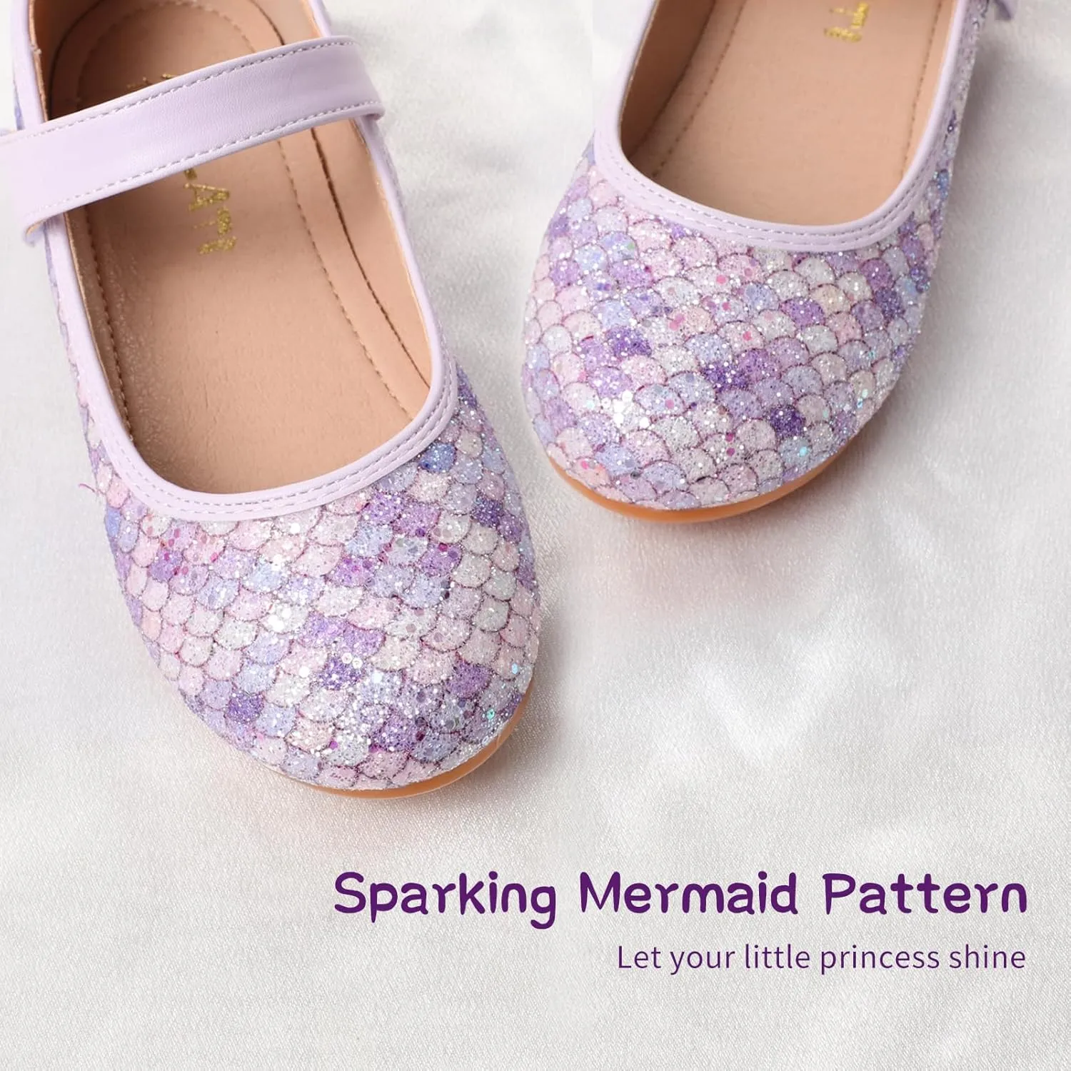 Toddler Girls Mermaid Dress Shoes Glitter Ballet Flats Non-Slip Soft Mary Jane Flower Girl Princess Shoes for School Party Wedding