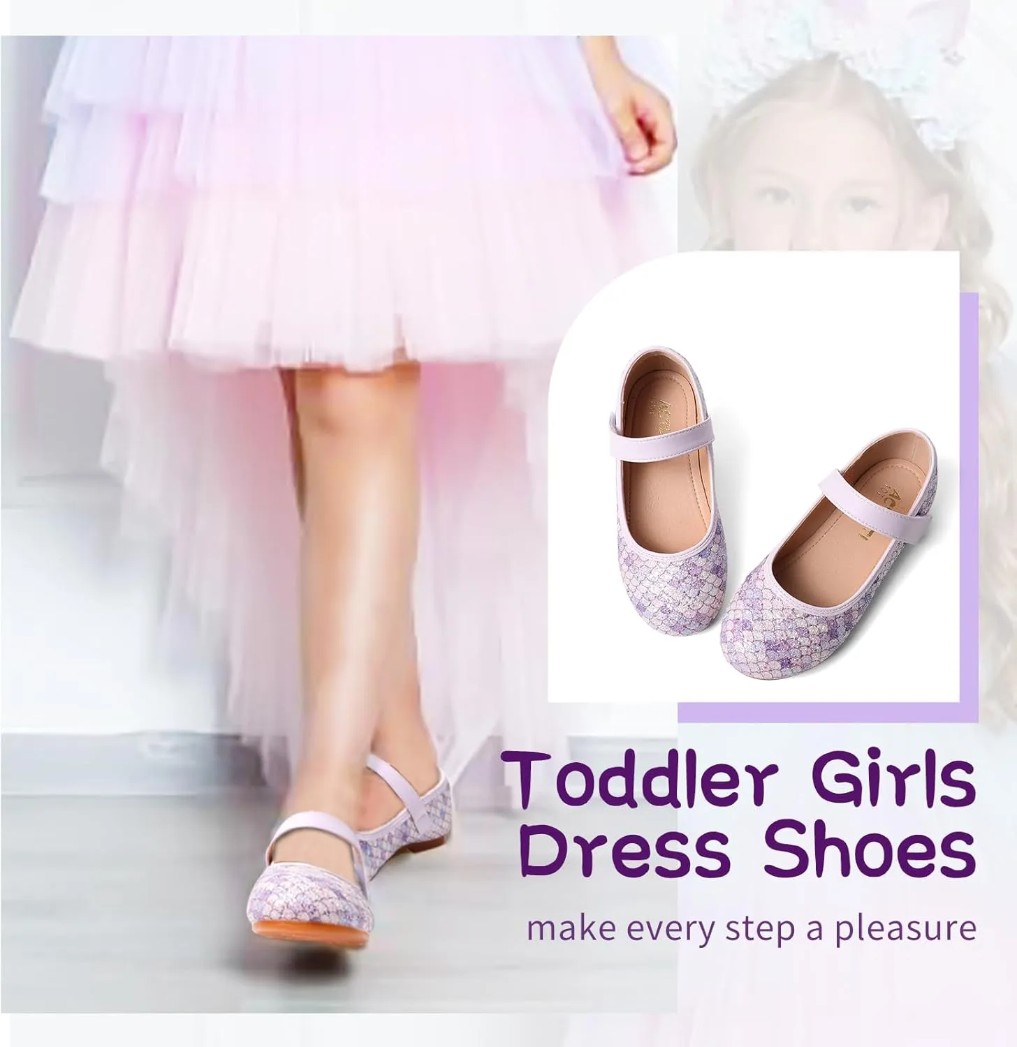 Toddler Girls Mermaid Dress Shoes Glitter Ballet Flats Non-Slip Soft Mary Jane Flower Girl Princess Shoes for School Party Wedding