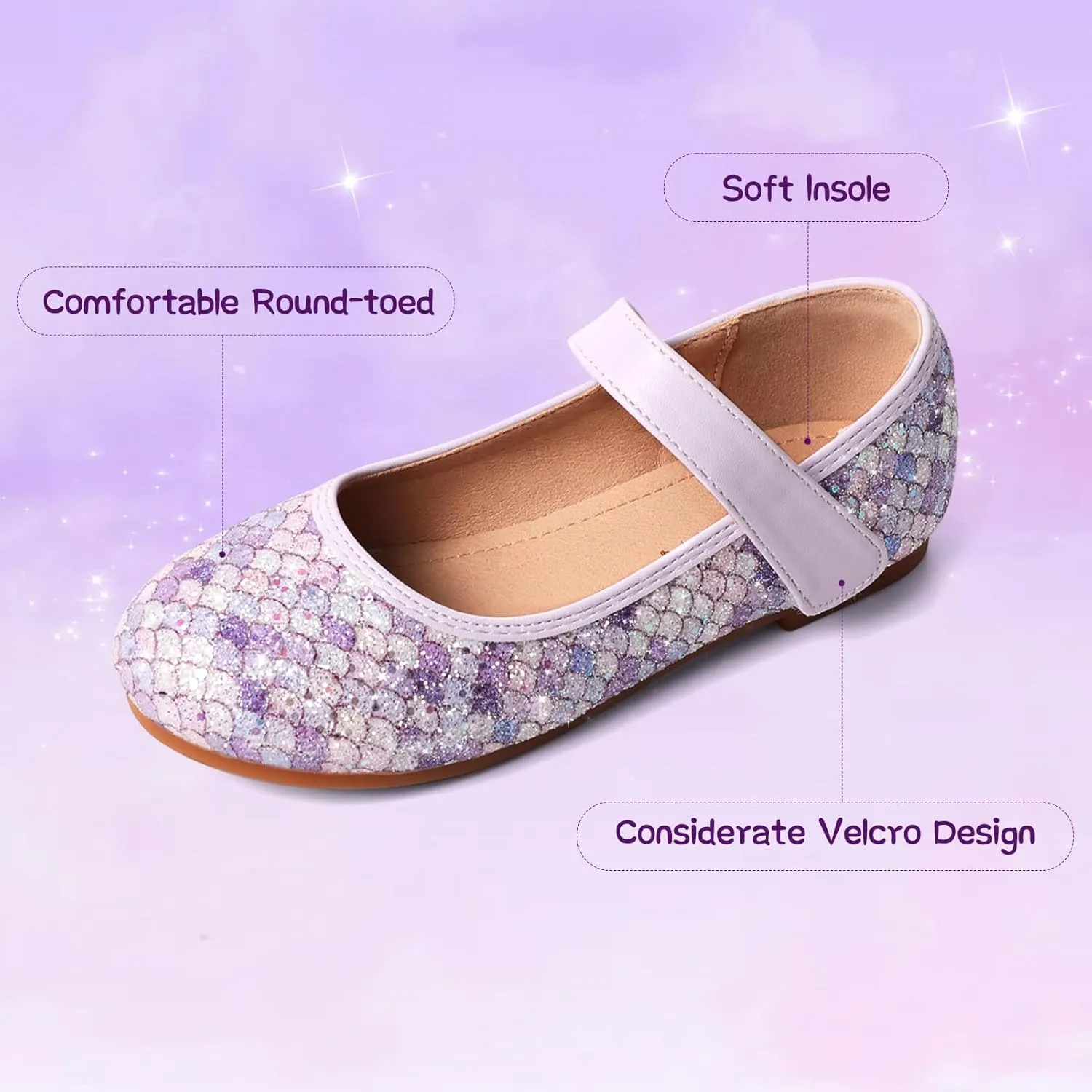 Toddler Girls Mermaid Dress Shoes Glitter Ballet Flats Non-Slip Soft Mary Jane Flower Girl Princess Shoes for School Party Wedding