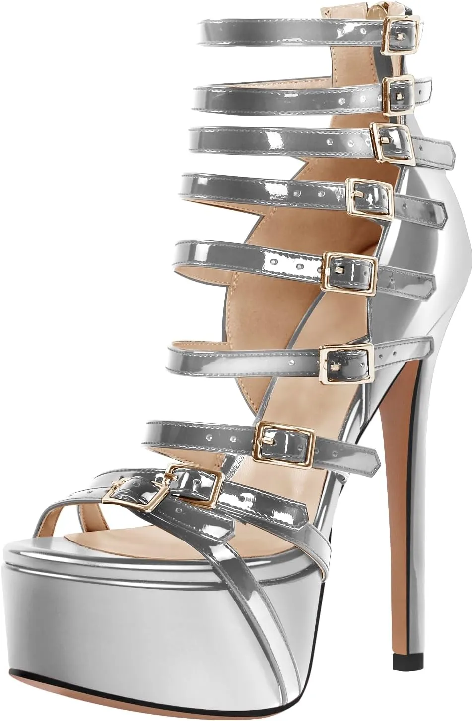 VERISSON Peep Toe Platform Sandals Multi-bands Zip up Stiletto High Heeled Sandal Boots