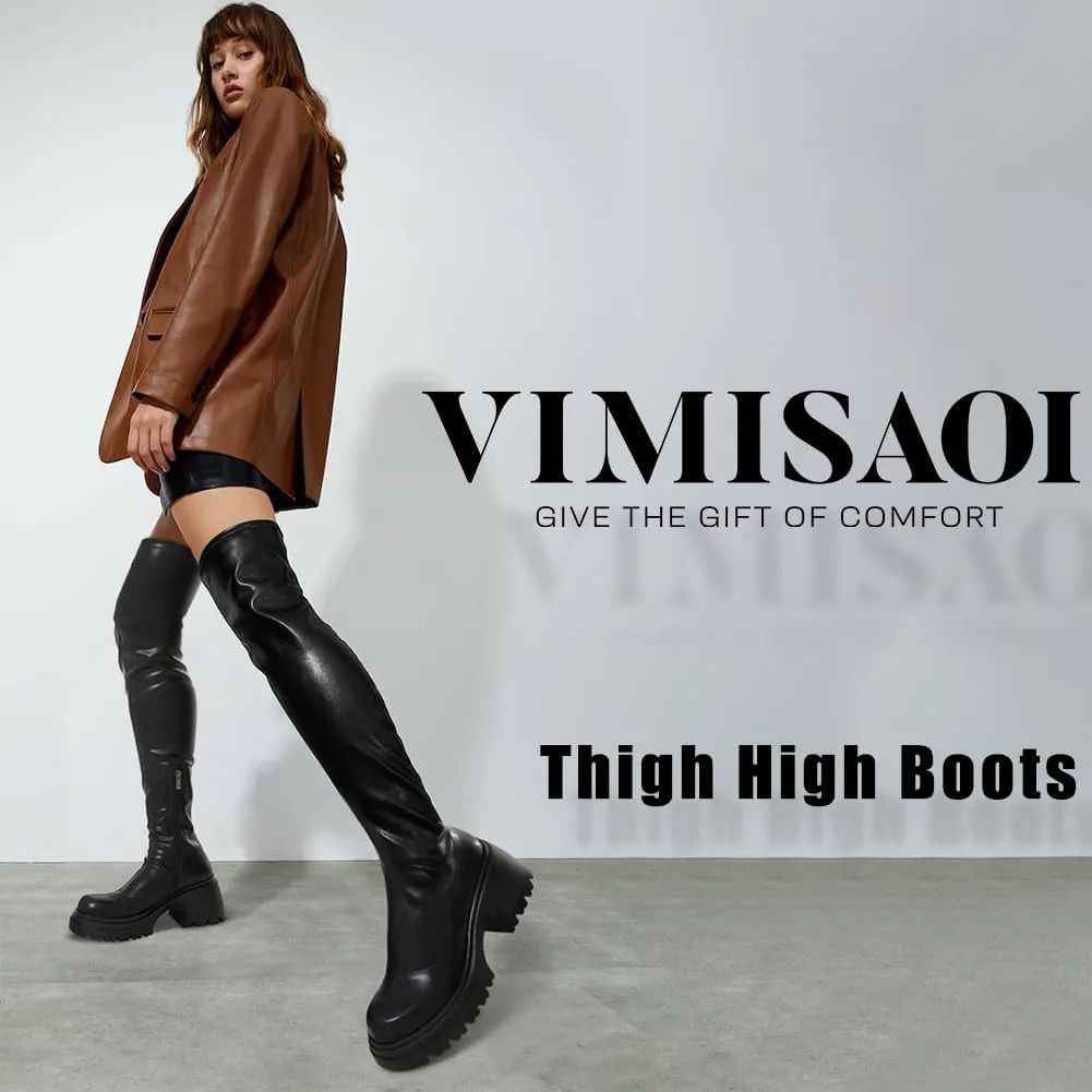 VIMISAOI Women's Chunky Block Platform Boots - Fashion Pull On Round Toe Goth Knee High Over the Knee Boots