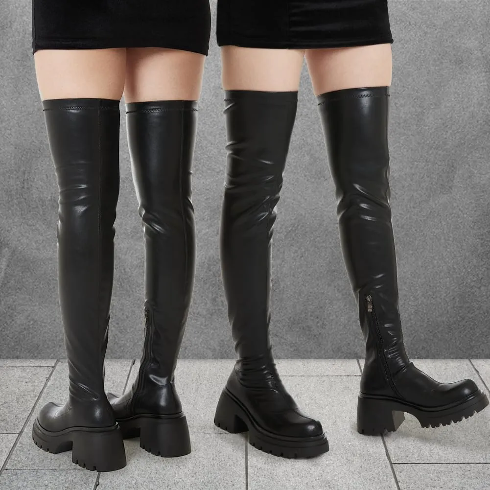 VIMISAOI Women's Chunky Block Platform Boots - Fashion Pull On Round Toe Goth Knee High Over the Knee Boots