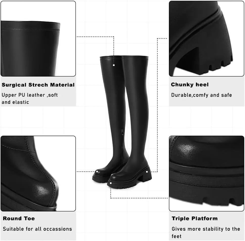 VIMISAOI Women's Chunky Block Platform Boots - Fashion Pull On Round Toe Goth Knee High Over the Knee Boots