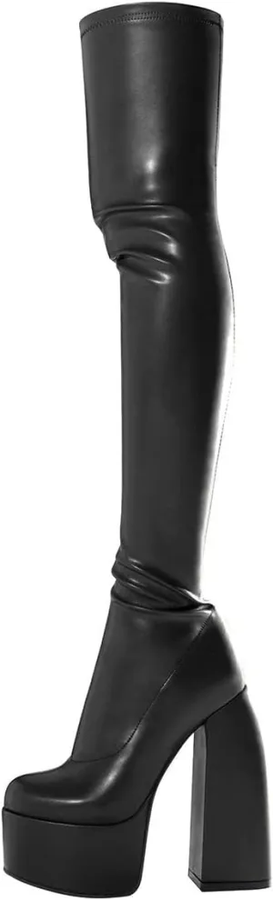VIMISAOI Women's Chunky Block Platform Boots - Fashion Pull On Round Toe Goth Knee High Over the Knee Boots