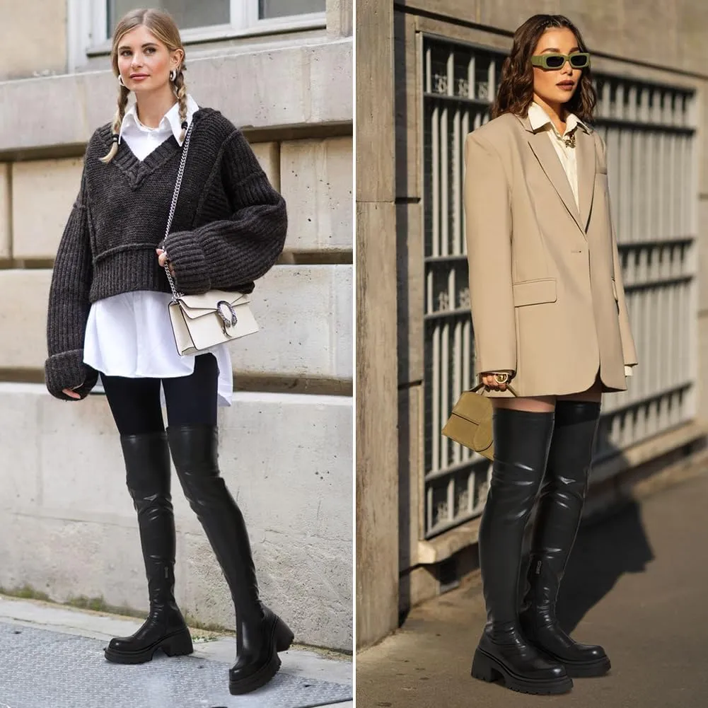 VIMISAOI Women's Chunky Block Platform Boots - Fashion Pull On Round Toe Goth Knee High Over the Knee Boots