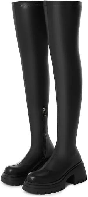 VIMISAOI Women's Chunky Block Platform Boots - Fashion Pull On Round Toe Goth Knee High Over the Knee Boots