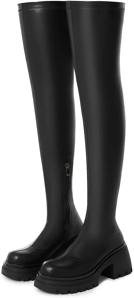 VIMISAOI Women's Chunky Block Platform Boots - Fashion Pull On Round Toe Goth Knee High Over the Knee Boots