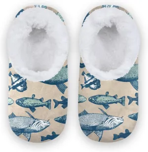 Vintage Fishes Kids House Slippers Drawing Salmon Trout Fishing Boys Closed Back Fuzzy Feet Slippers Girls Coral Fleece Slipper Socks No Skid Warm Cozy Home Slippers For Indoor Outdoor Winter Bedroom