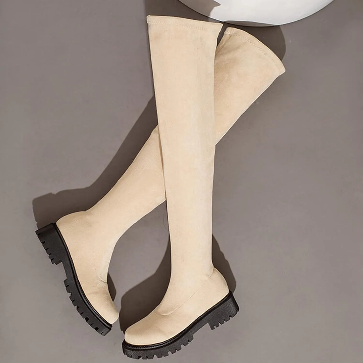 Vujkliy Autumn Over-The-Knee Boots Round Toe Suede Side Half Zipper Boots wrap Legs Slim Elastic Boots