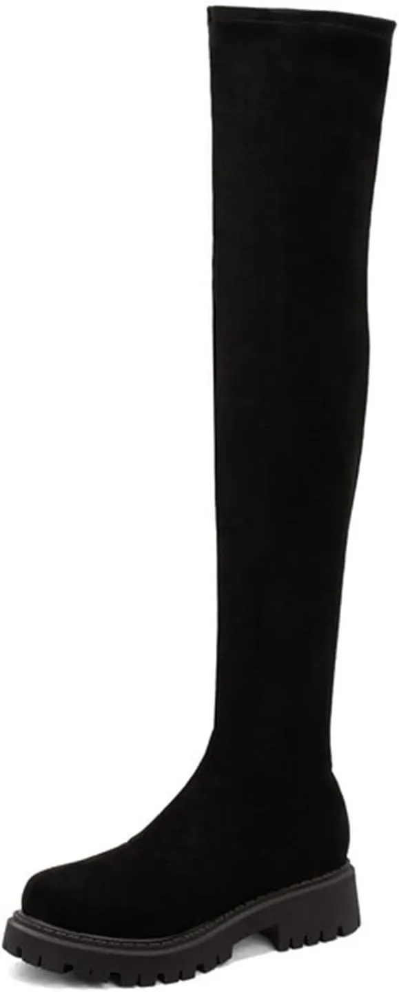 Vujkliy Autumn Over-The-Knee Boots Round Toe Suede Side Half Zipper Boots wrap Legs Slim Elastic Boots