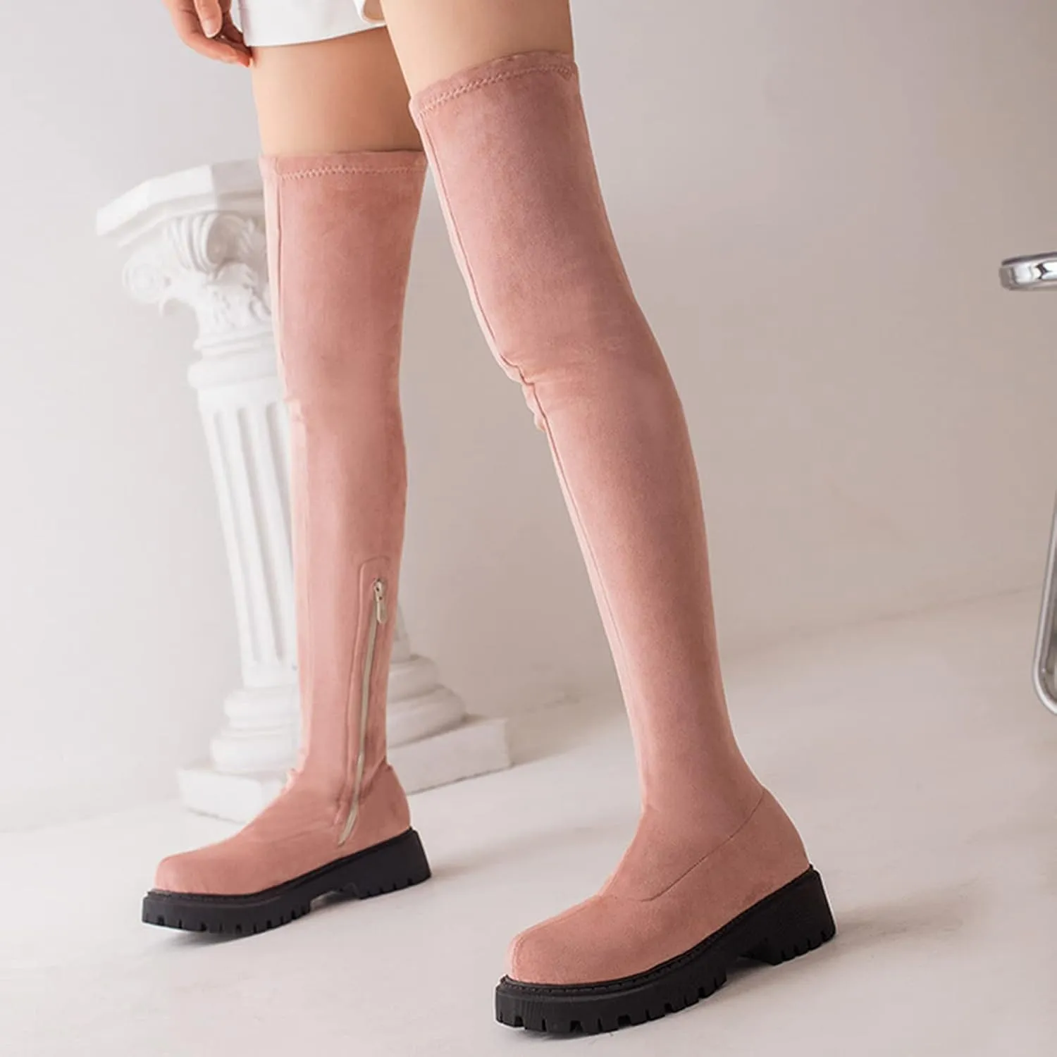 Vujkliy Autumn Over-The-Knee Boots Round Toe Suede Side Half Zipper Boots wrap Legs Slim Elastic Boots