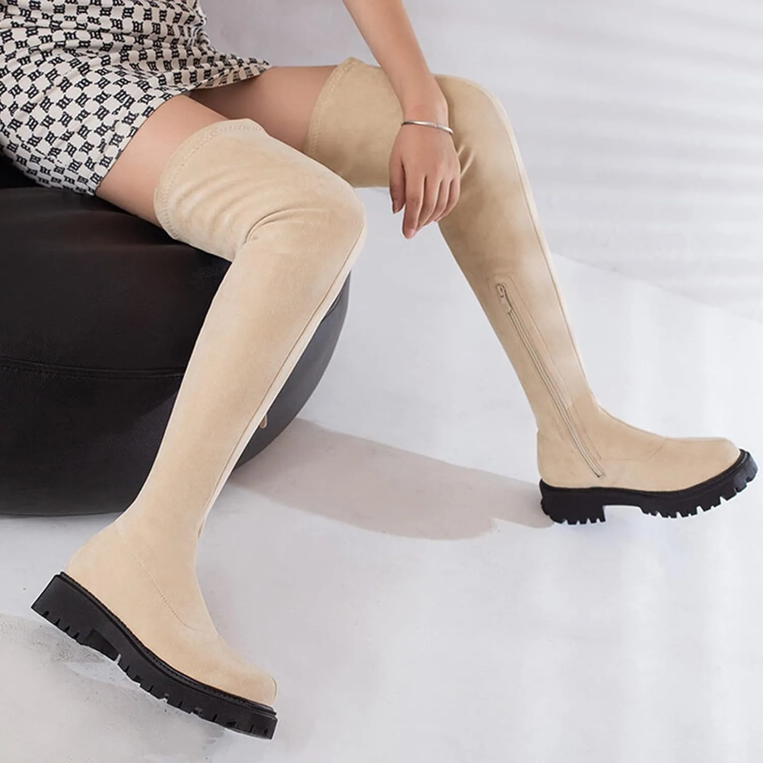 Vujkliy Autumn Over-The-Knee Boots Round Toe Suede Side Half Zipper Boots wrap Legs Slim Elastic Boots